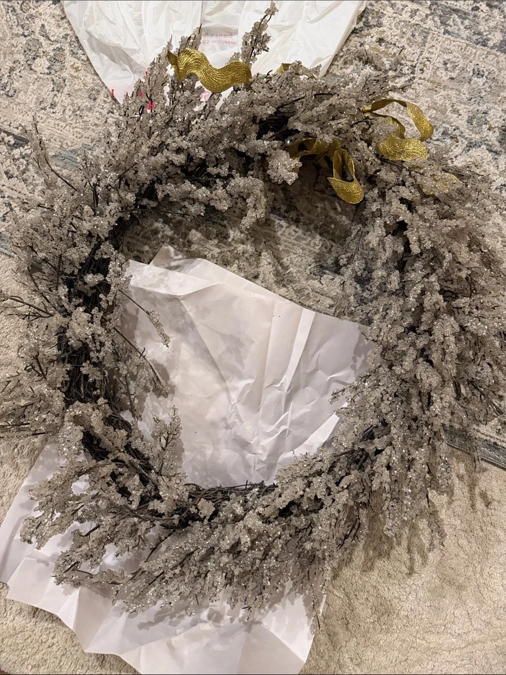 Kirklands Frosted Cream Berry Wreath with Gold Ribbon Accents